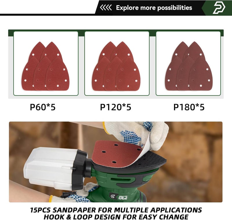 Prostormer Detail Sander, 13000RPM Mouse Sander, 1.6A Electric Palm Sanders with 15Pcs Sandpapers, Dust Collection Box for Tight Spaces Sanding, Polishing, Woodworking in Home Decoration - Image 4